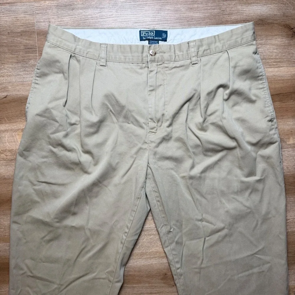 Polo Ralph Lauren Ethan Pant Mens 38x32 Khaki Tan Pleated Cotton Chino Trousers